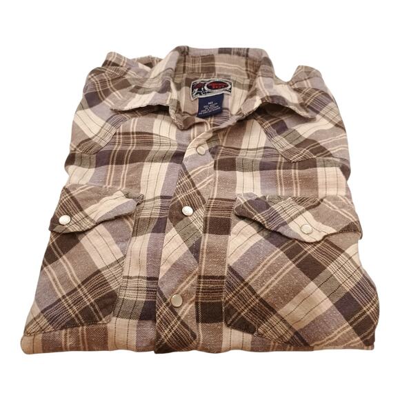 Williams Bay Western Flannel Brown Plaid Shirt W/Pearl Snap Men's Med Tall VTG - Picture 1 of 8